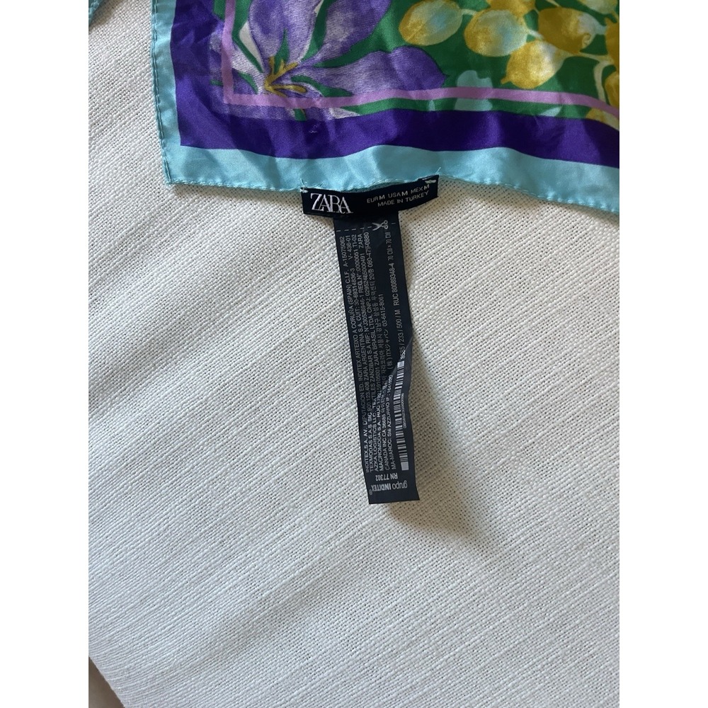 Zara Floral Square Scarf Green Purple Aqua Botanical Print Satin Feel - Picture 3 of 6